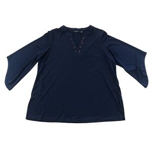 Susan Graver Liquid Knit Tunic Top Navy Jewel Detail 3/4 Sleeve Comfort Chic 1X